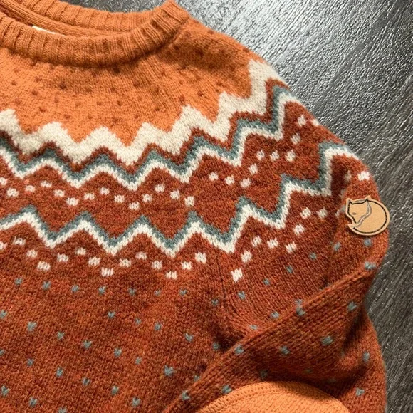 Fjallraven Ovik Knit Sweater Womens Small Orange 100% Wool Fair Isle 89941 - Picture 6 of 7